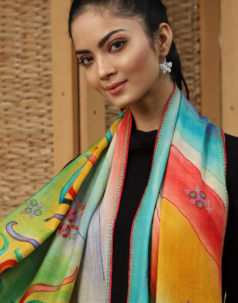 Daffodil Kalamkaari Cashmere Stole - KashmirBox.com