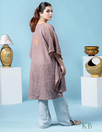 Tan Brown Aari Embroidered Short Kaftan - Kashmir Box