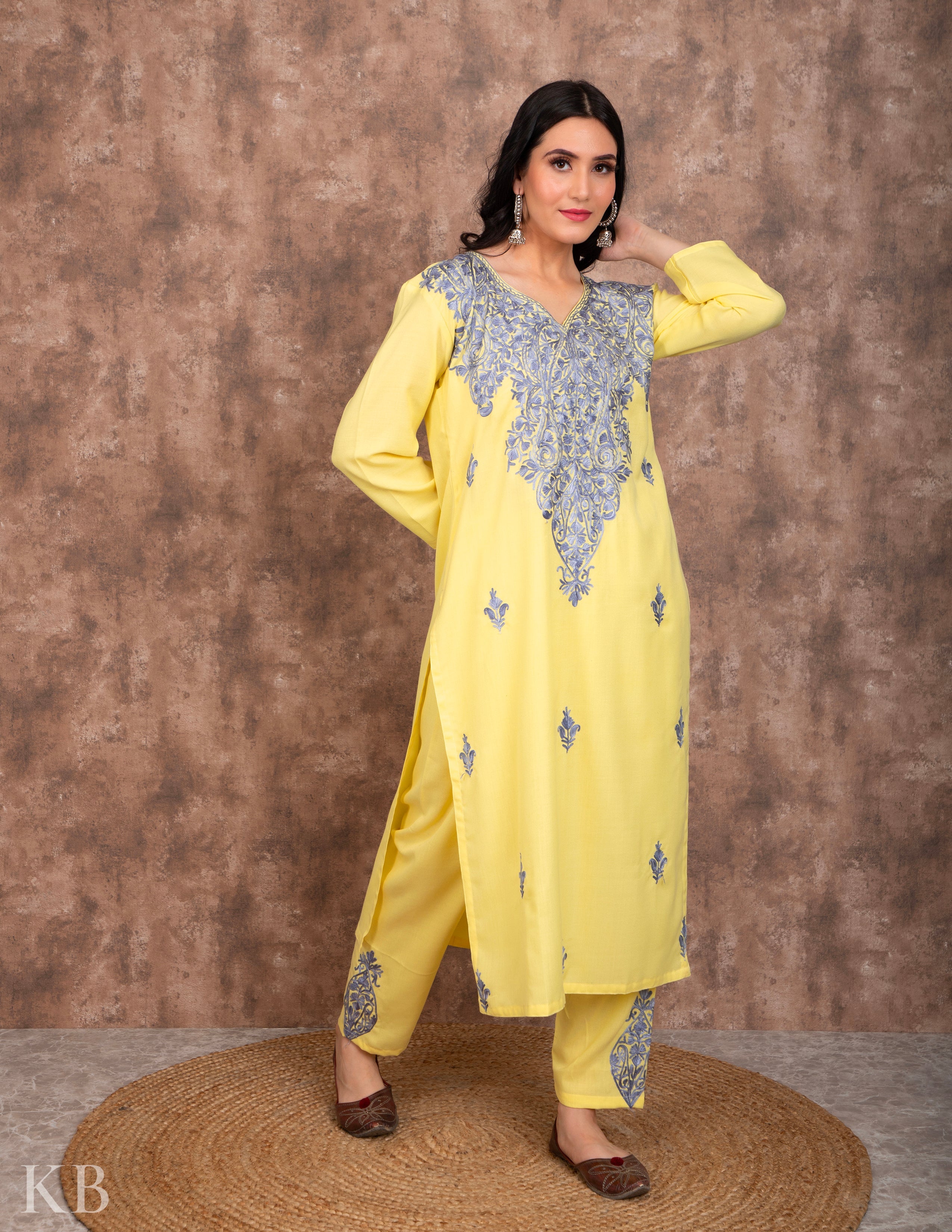 Lemon Aari embroidered Cotton Suit - Kashmir Box