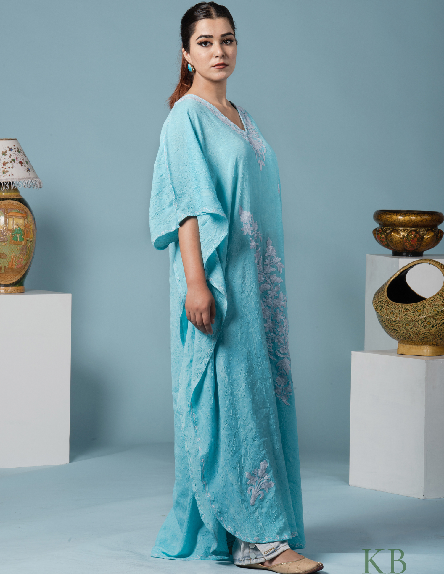 Blue Grey Aari Embroidered Cotton Kaftan - Kashmir Box