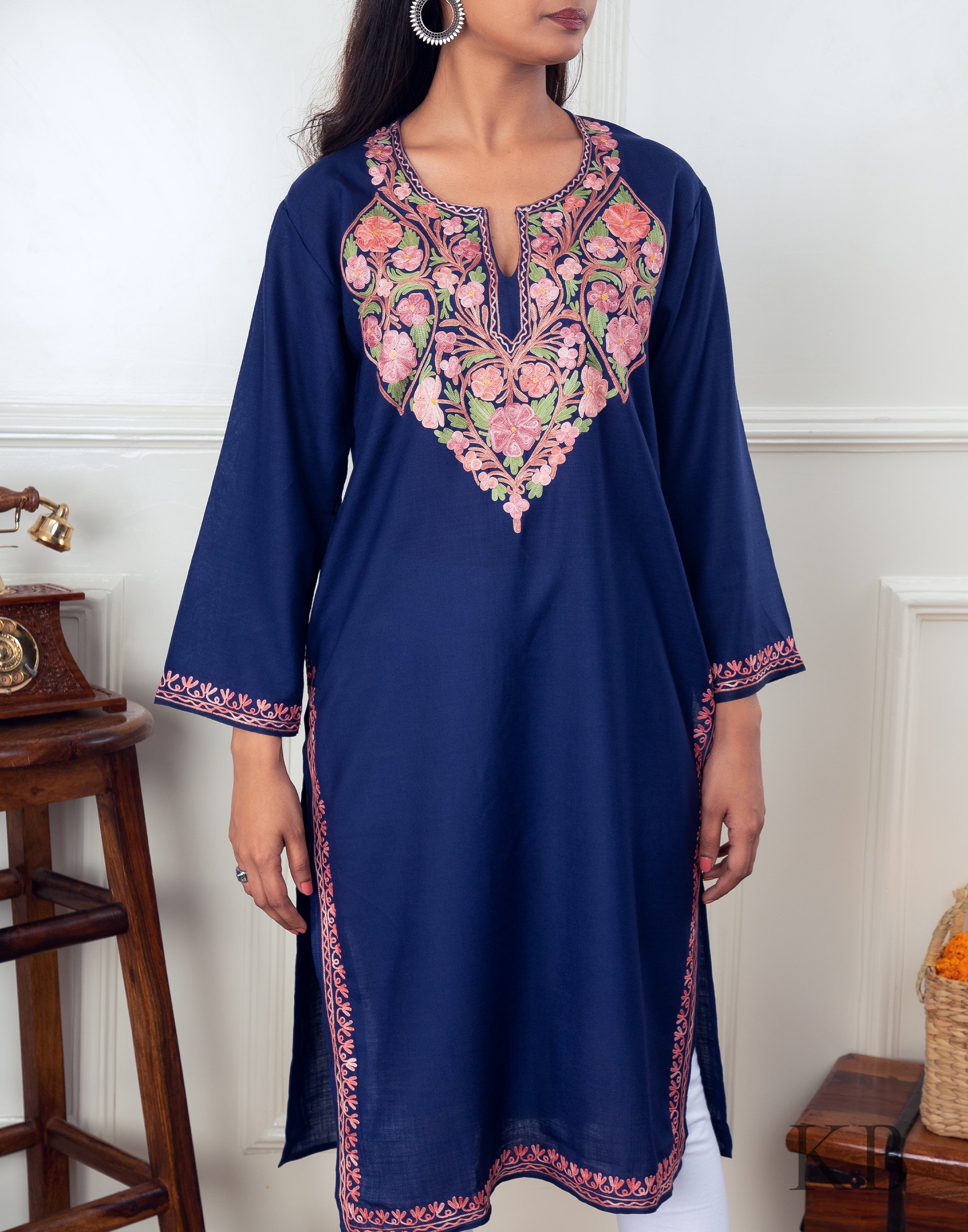 Full Neck Design Aari Embroidered Cotton Kurti