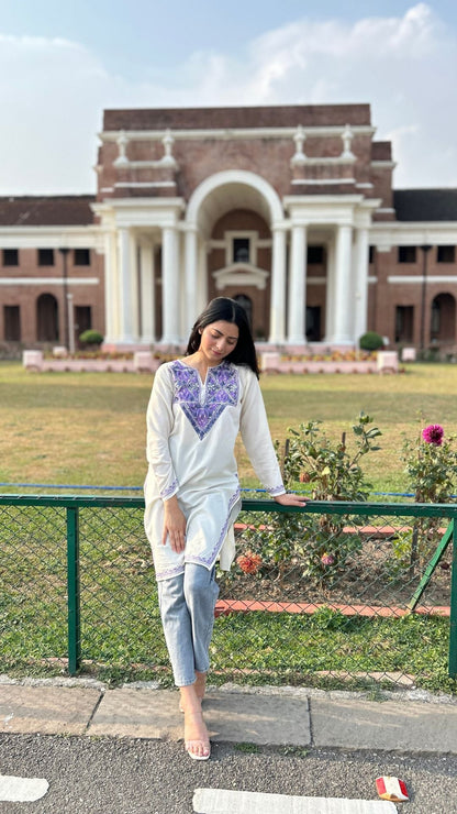 Lilac-Tinted Embroidered White Cotton Kurti