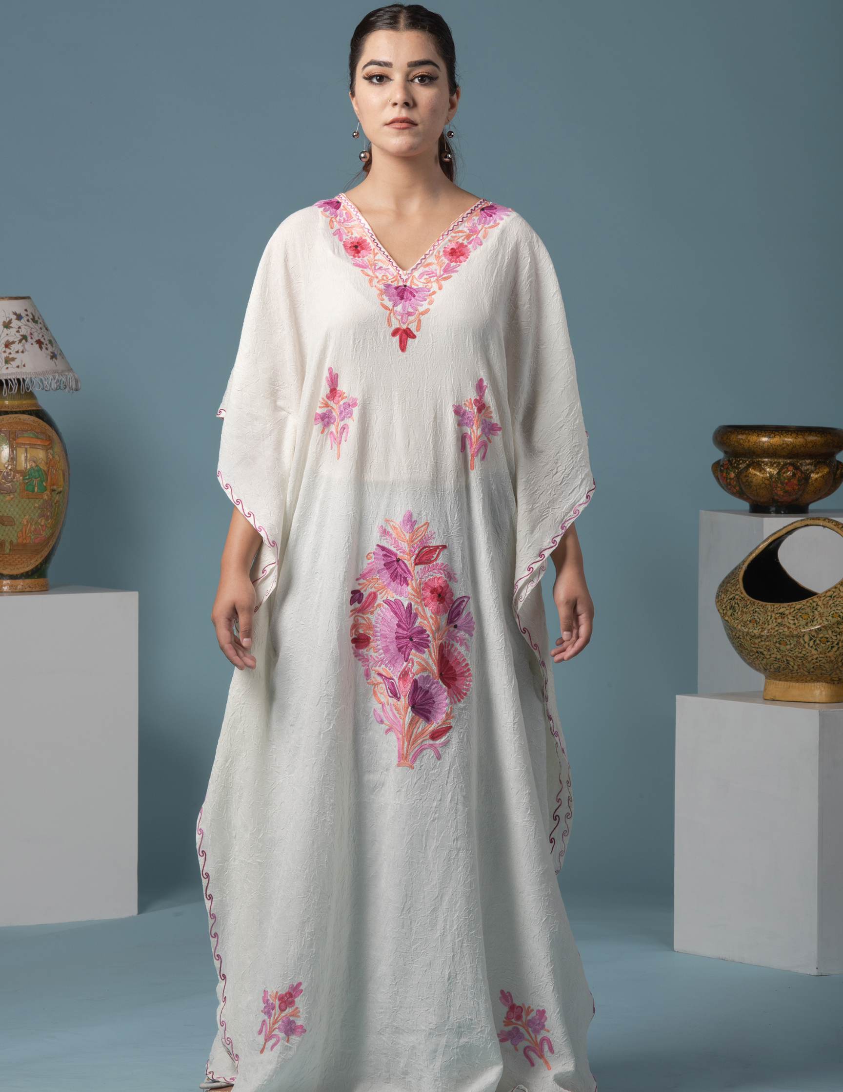 White Floral Aari Embroidered Cotton Kaftan - Kashmir Box