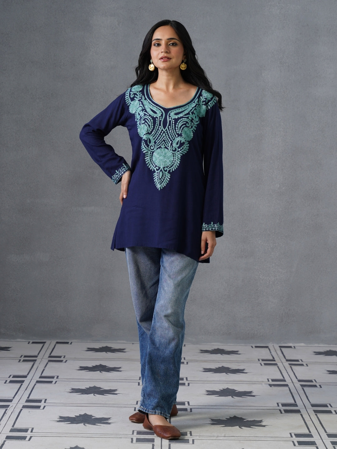 Women’s Navy Blue Kashmiri Aari Embroidered Short Kurti – Casual &amp; Office Wear