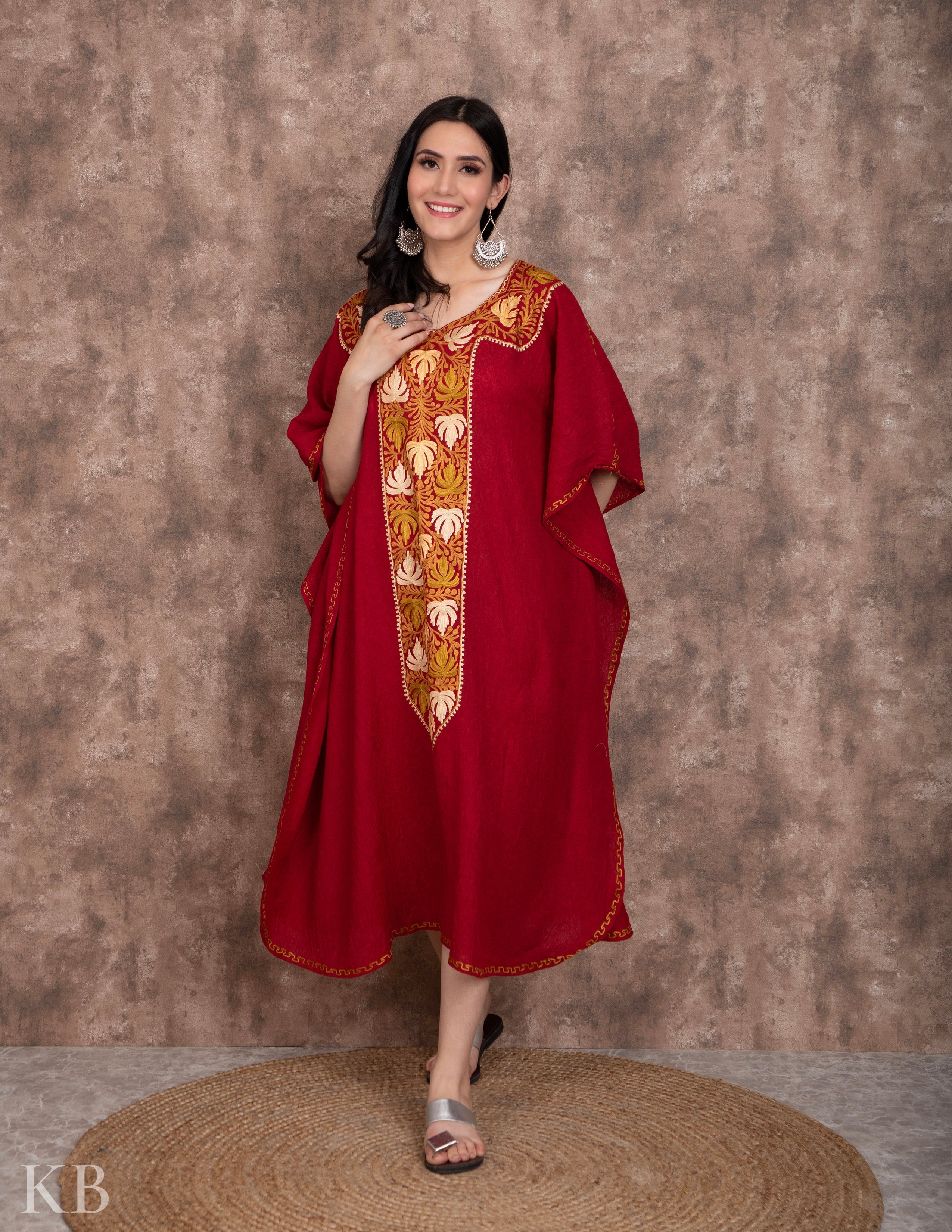 Long Neck Maroon Embroidered Kaftan