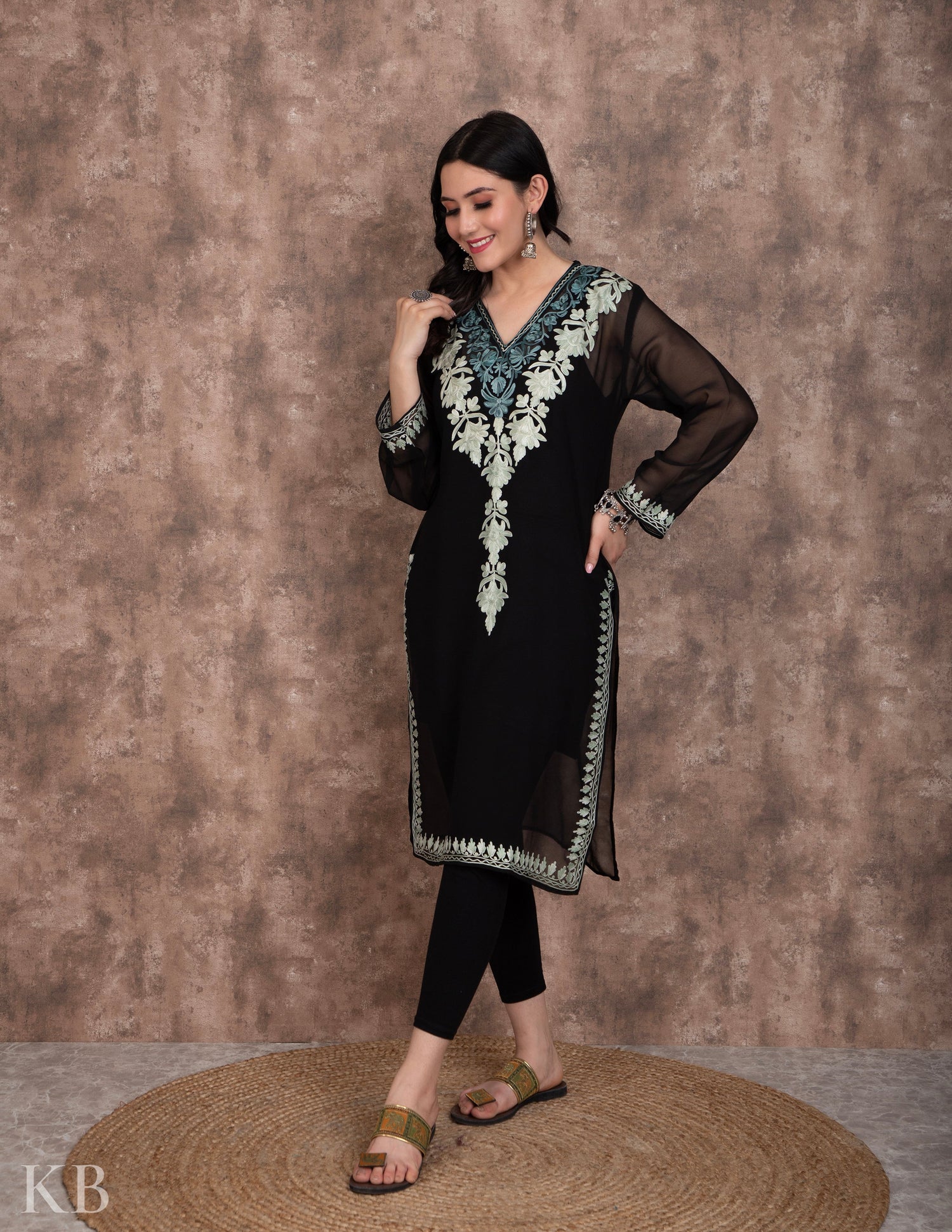 Black Lotus Vine Aari Embroidery Georgette Kurti