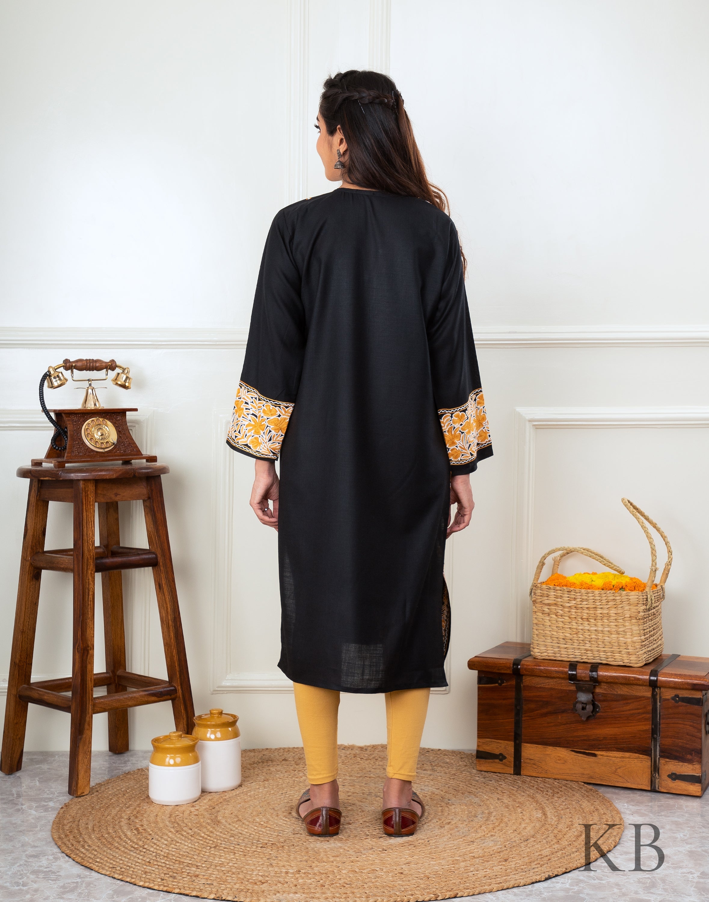 Black Marigold Aari Embroidered Cotton Kurti