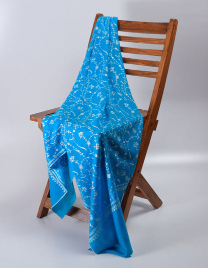 Bright Blue Handwoven Jaali Embroidered Cashmere Pashmina Shawl