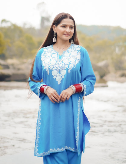 Blue Kashmiri Aari Embroidered Rayon Co-ord Set for Women |Office &amp; Casual Ethnic Wear