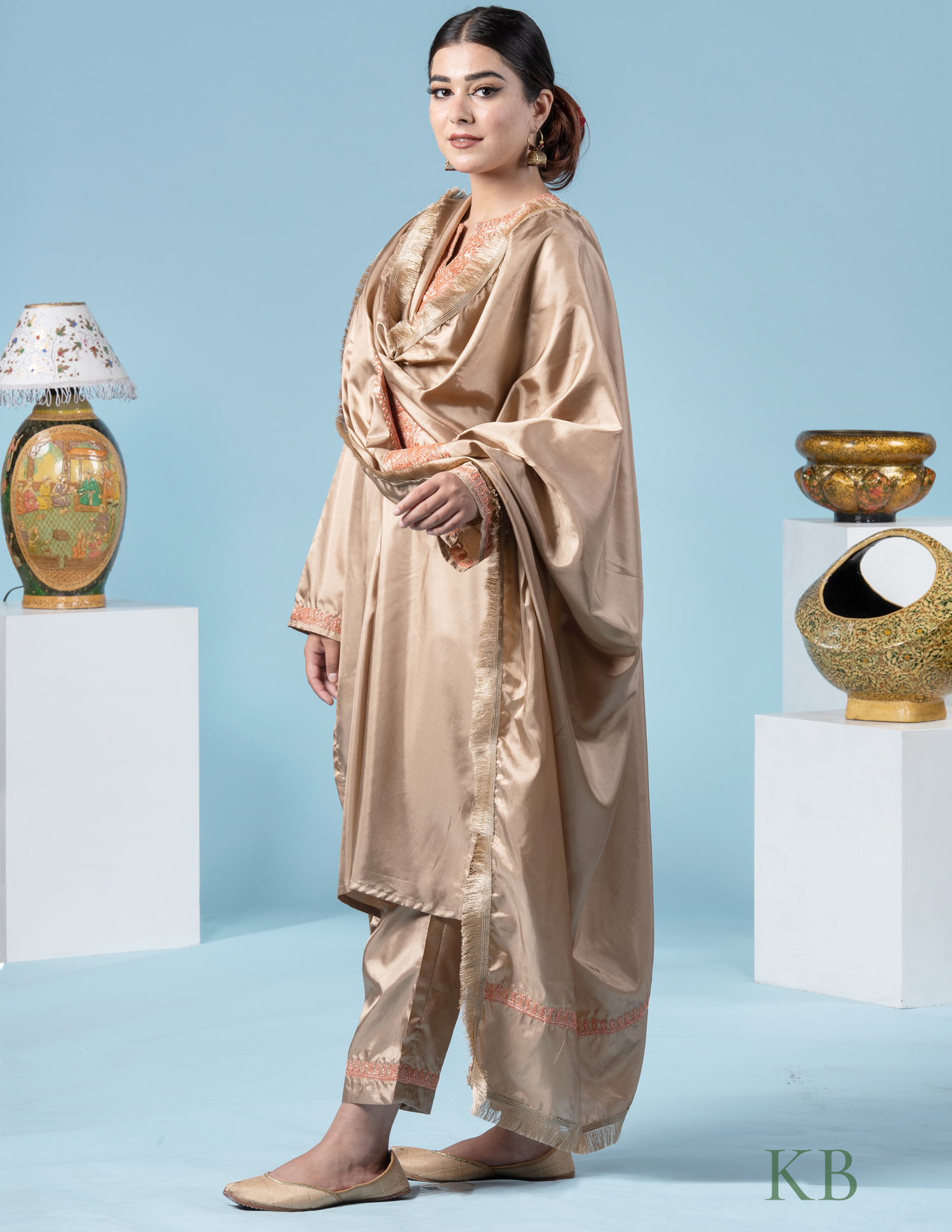 Ibtida Tilla Embroidered Golden Silk Suit with 2.5 Meters Dupatta - Kashmir Box