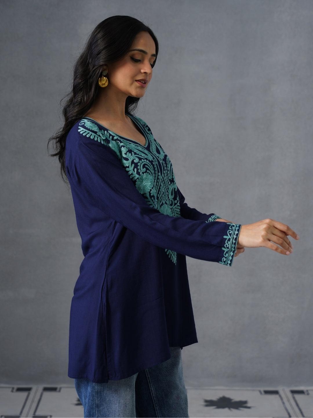 Women’s Navy Blue Kashmiri Aari Embroidered Short Kurti – Casual &amp; Office Wear