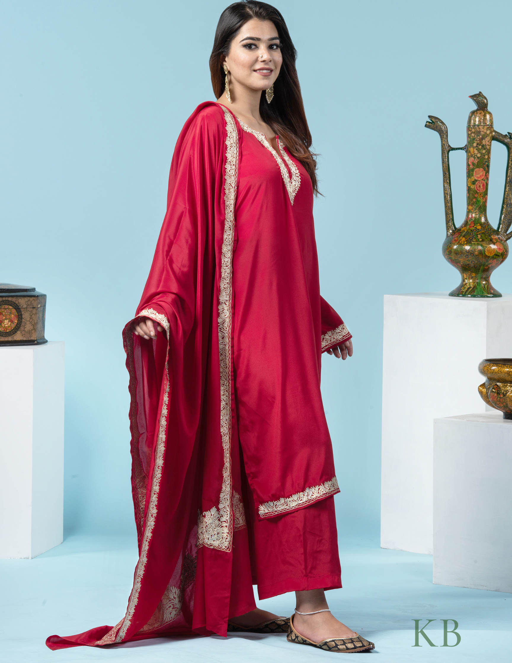 Fitoor Zari Embroidered Red Crepe Suit with 2.5 Meters Dupatta - Kashmir Box