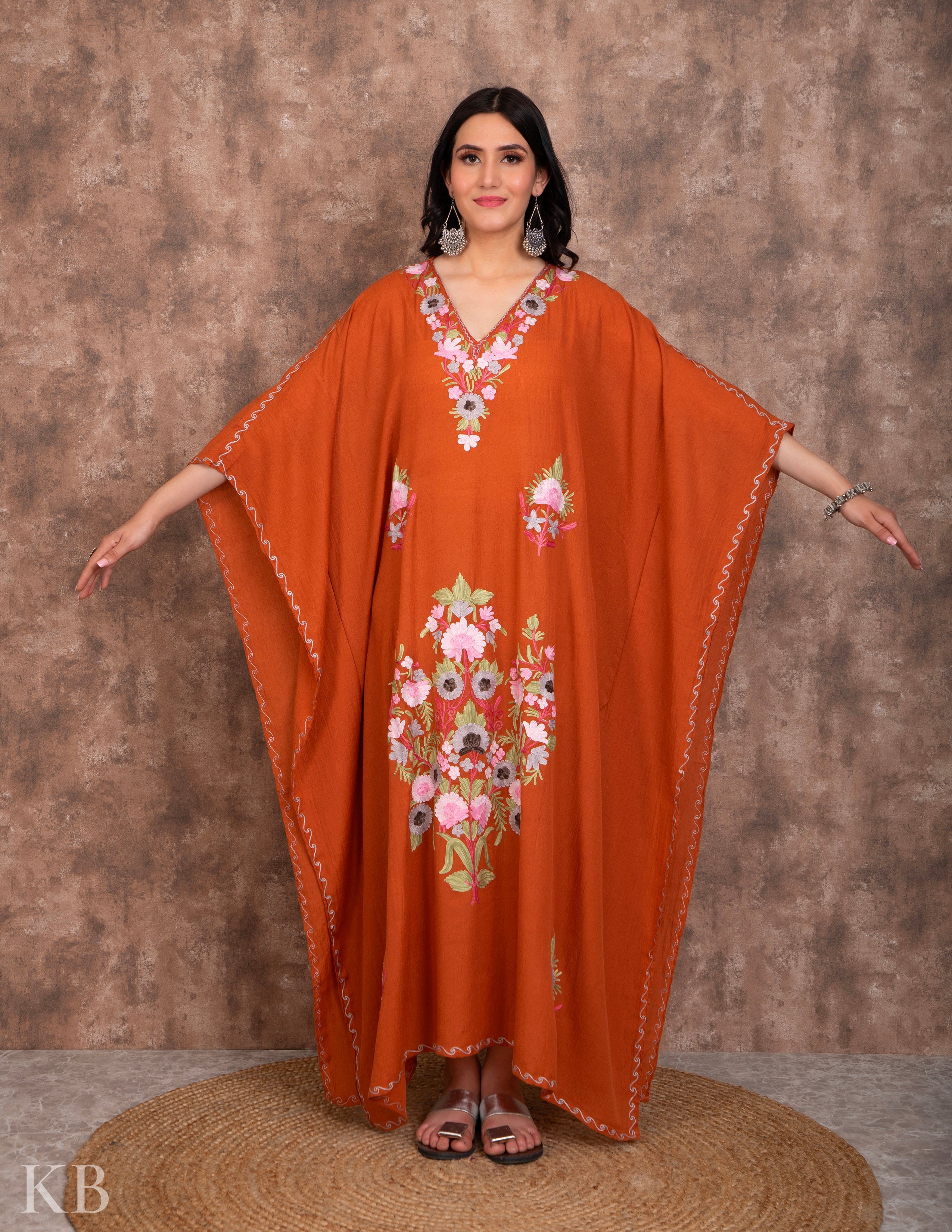 Peach Aari Embroidered Kaftan - Kashmir Box