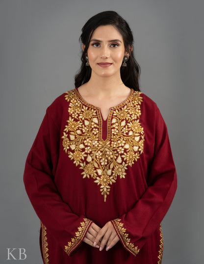 Vine Neck Designed Aari Zari Embroidered Cashmilon Phiran - Kashmir Box