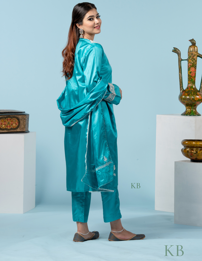 Khushi Tilla Embroidered Sky Blue Silk Suit with 2.5 Meters Dupatta - Kashmir Box