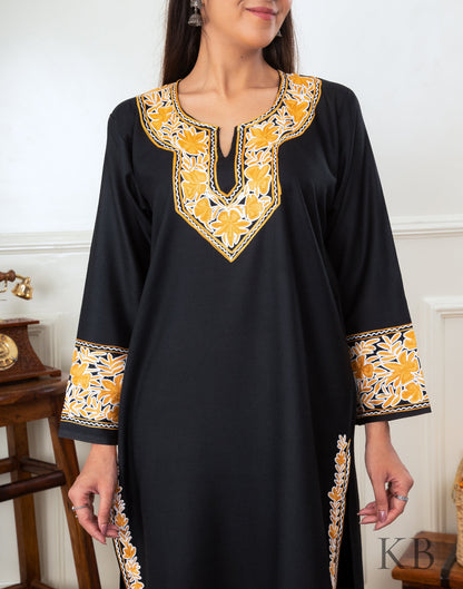 Black Marigold Aari Embroidered Cotton Kurti