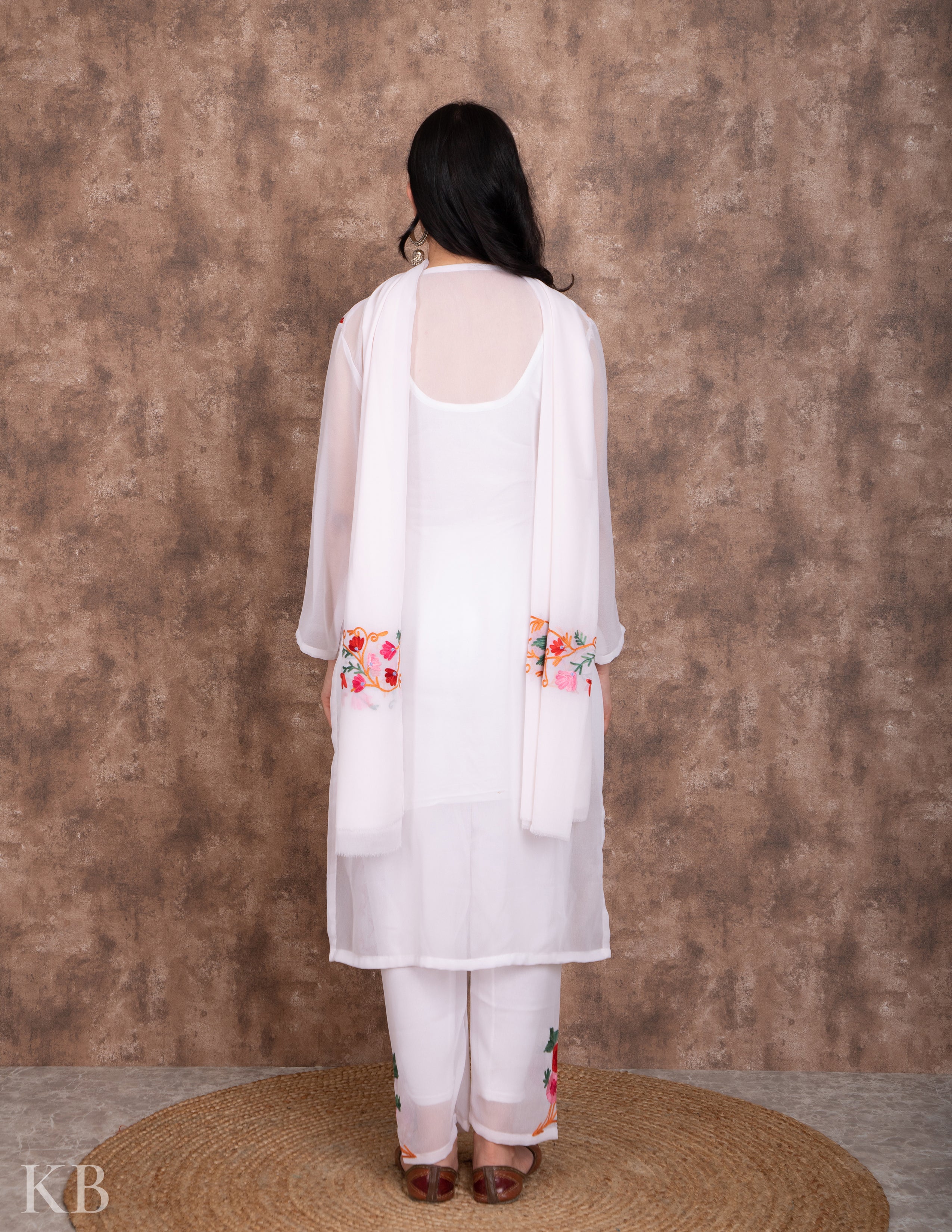 Bahaar White Aari Embroidered Georgette Suit - Kashmir Box