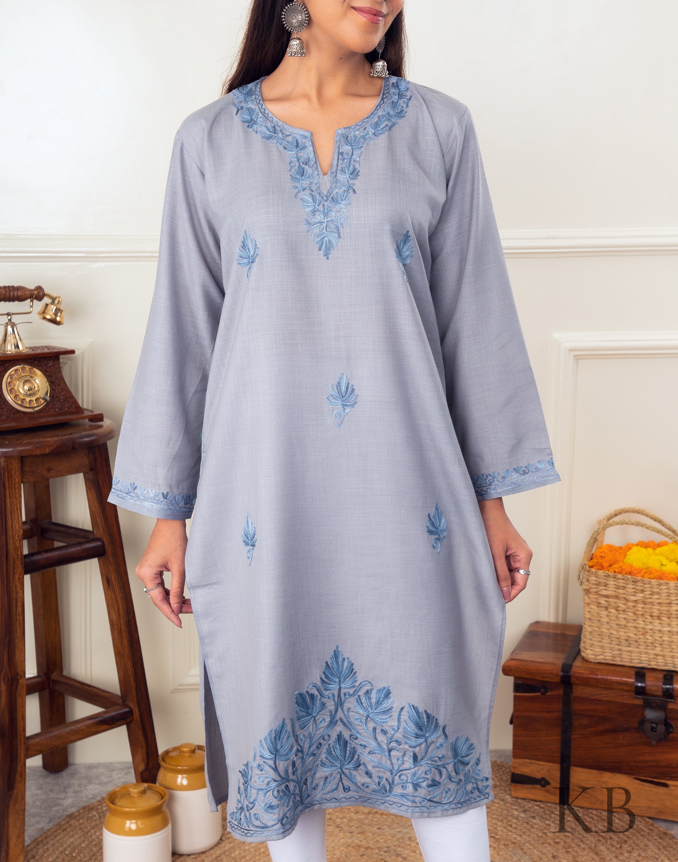 Subtle Stone Grey Aari Embroidered Cotton Kurti