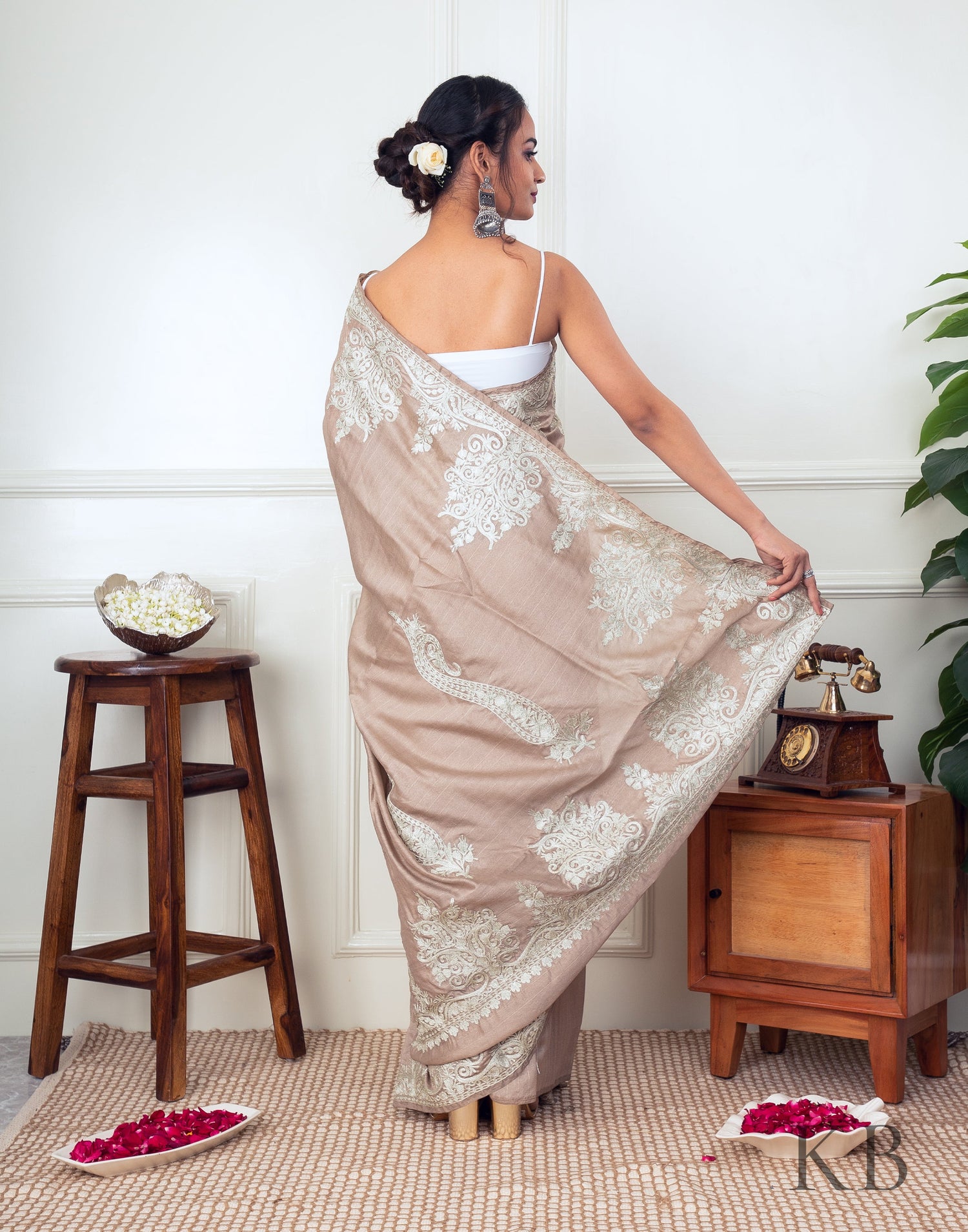 White Zari Border Fawn Silk Saree - Kashmir Box