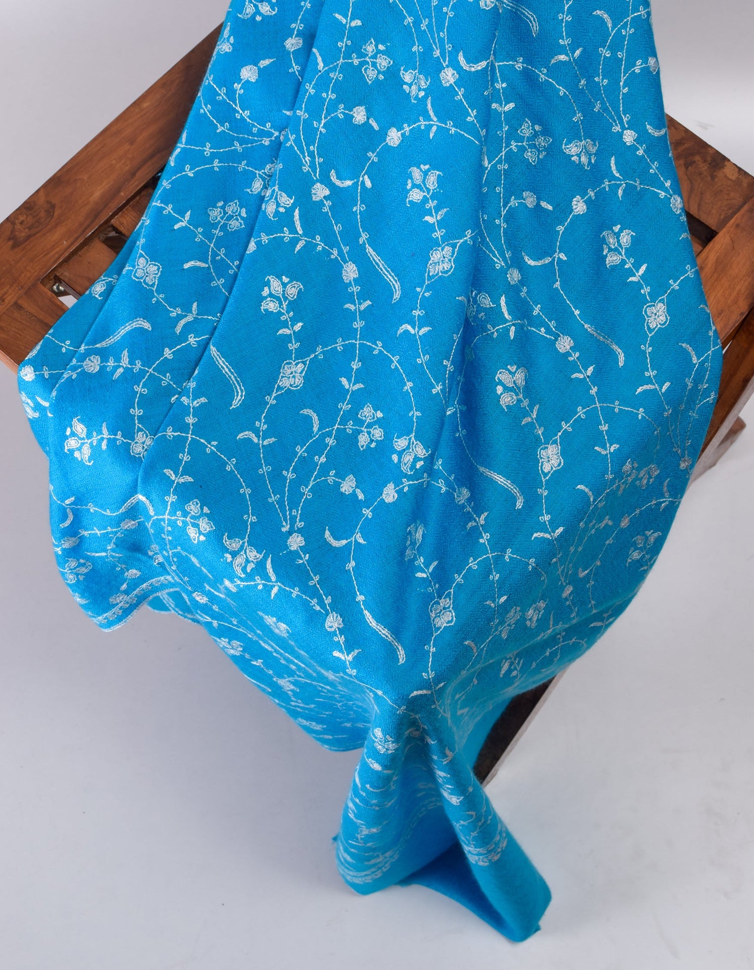 Bright Blue Handwoven Jaali Embroidered Cashmere Pashmina Shawl - Kashmir Box