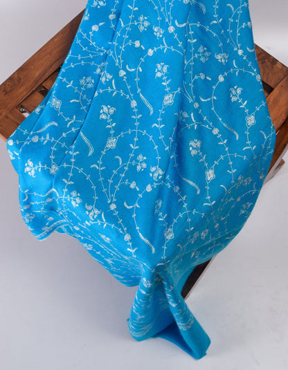 Bright Blue Handwoven Jaali Embroidered Cashmere Pashmina Shawl - Kashmir Box
