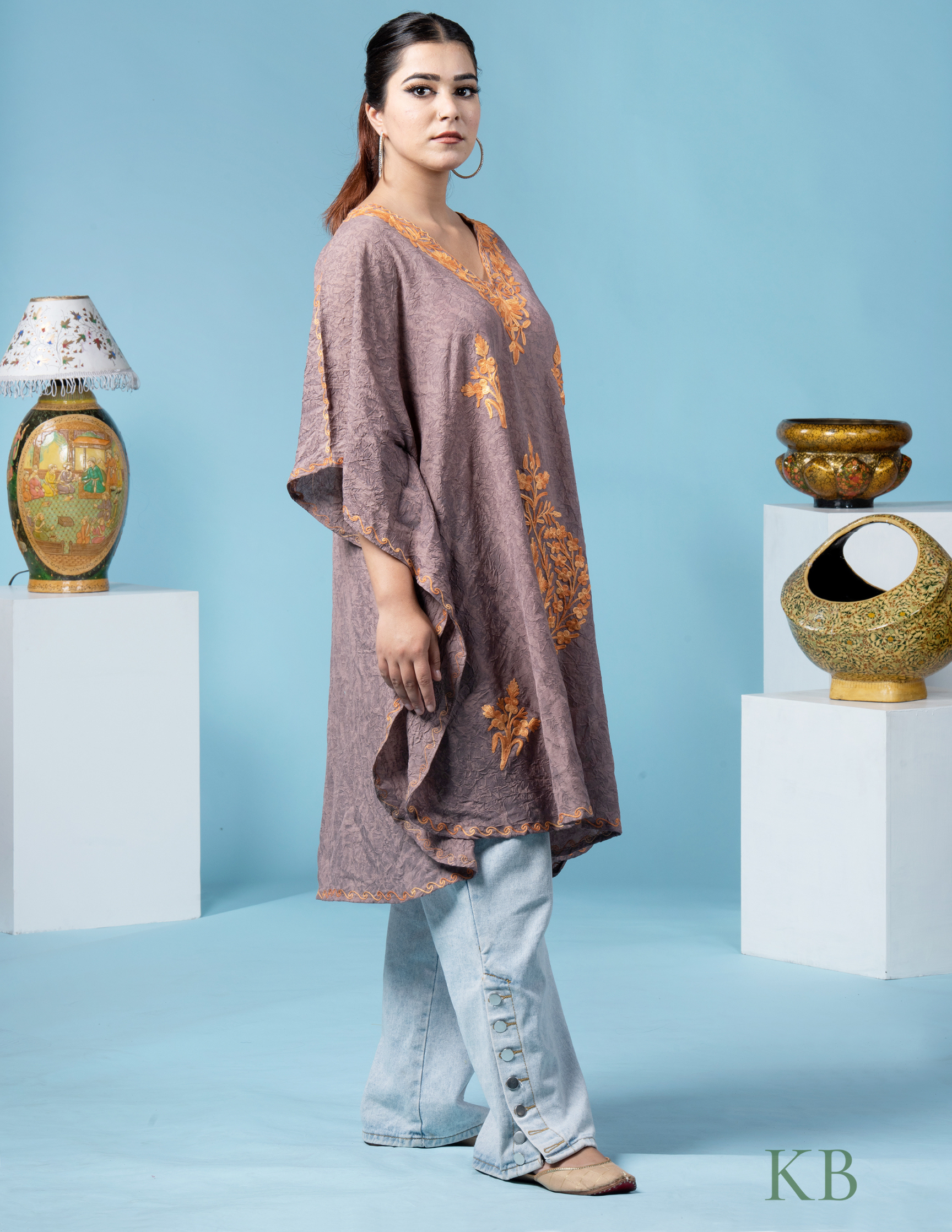 Tan Brown Aari Embroidered Short Kaftan - Kashmir Box