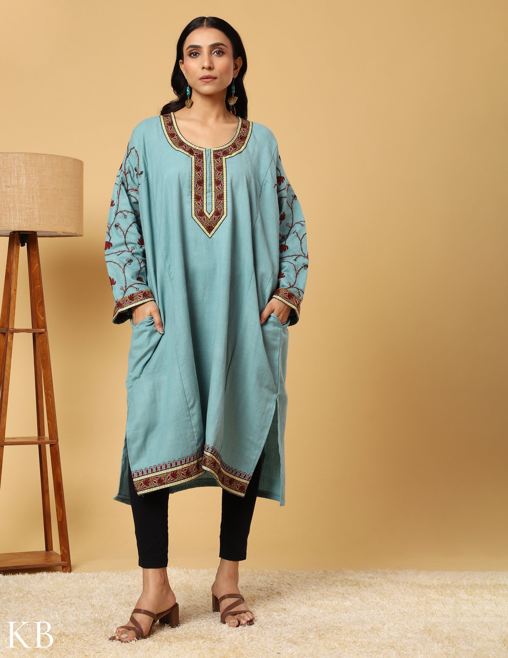 Sky Blue Zari Sozni Embroidered Pure wool  Phiran - Kashmir Box