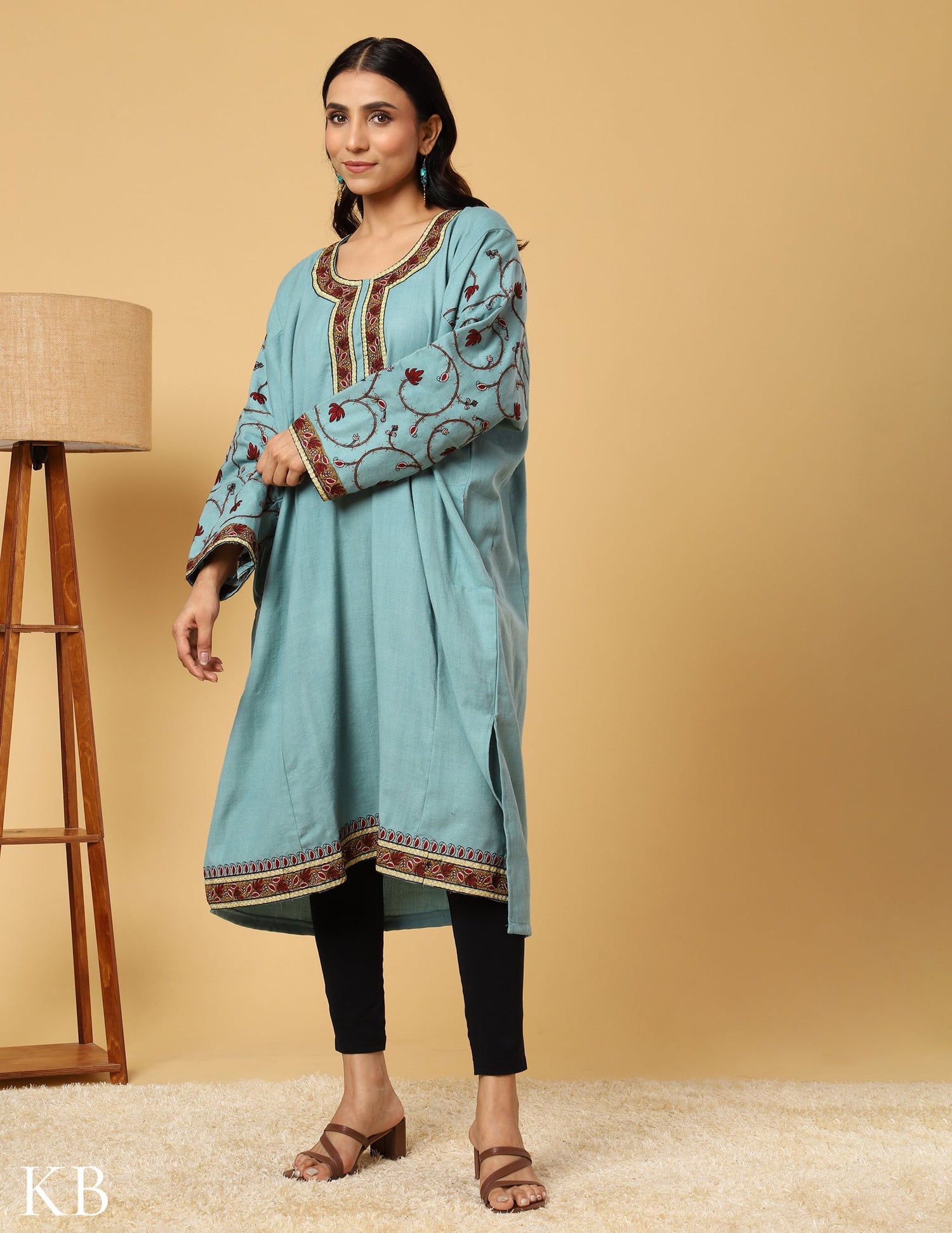 Sky Blue Zari Sozni Embroidered Pure wool  Phiran - Kashmir Box