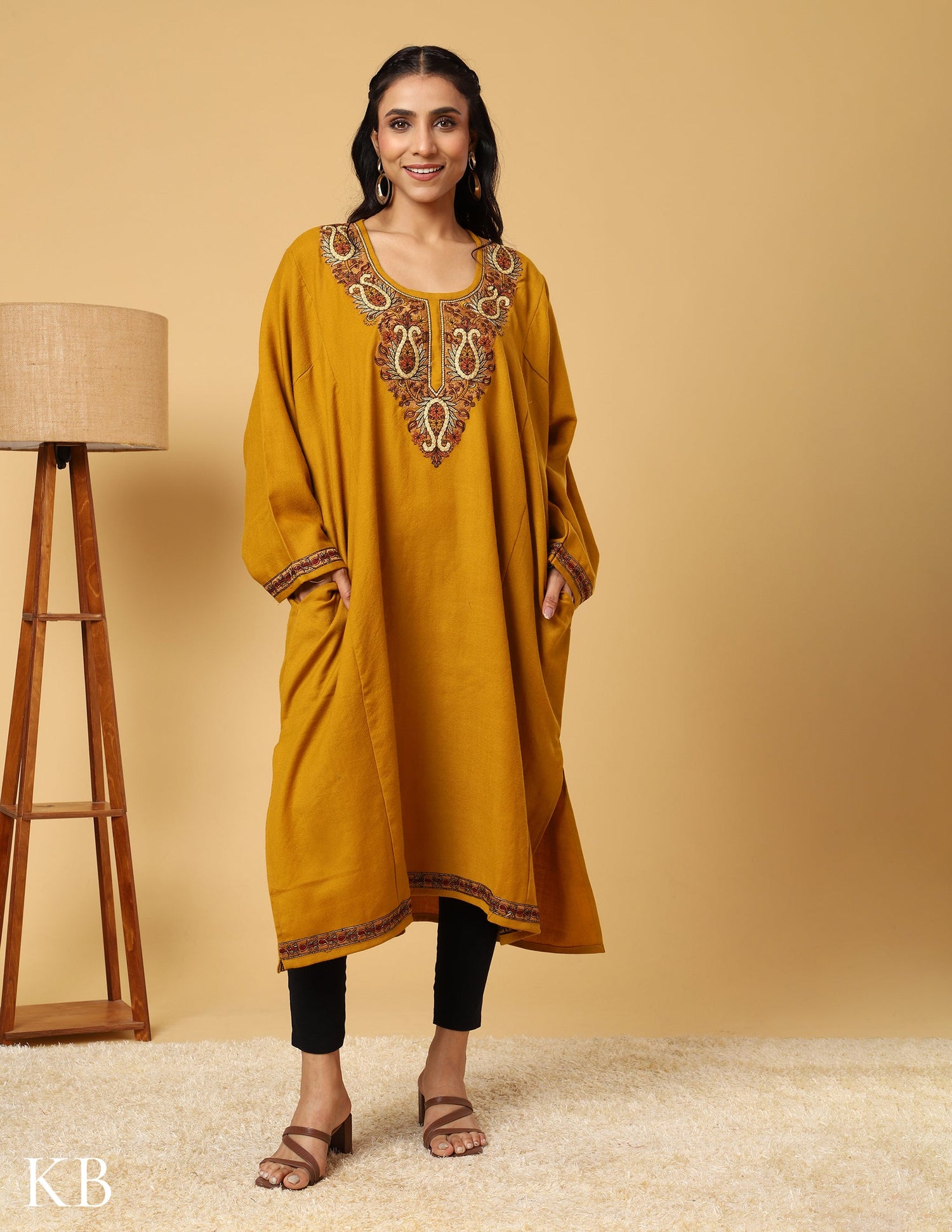 Mustard Marvel sozni Zari Embroidered Pure Wool  Phiran - Kashmir Box