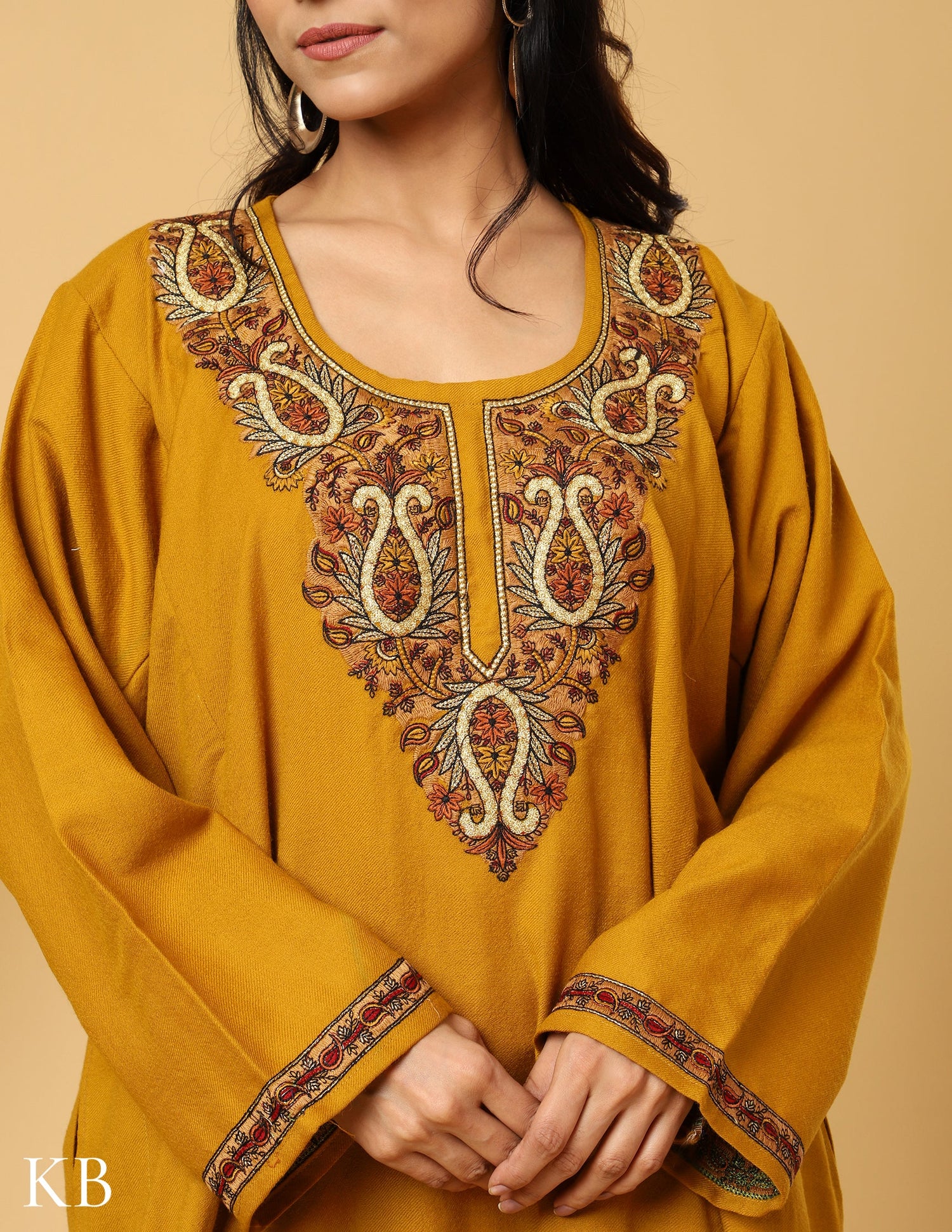 Mustard Marvel sozni Zari Embroidered Pure Wool  Phiran - Kashmir Box