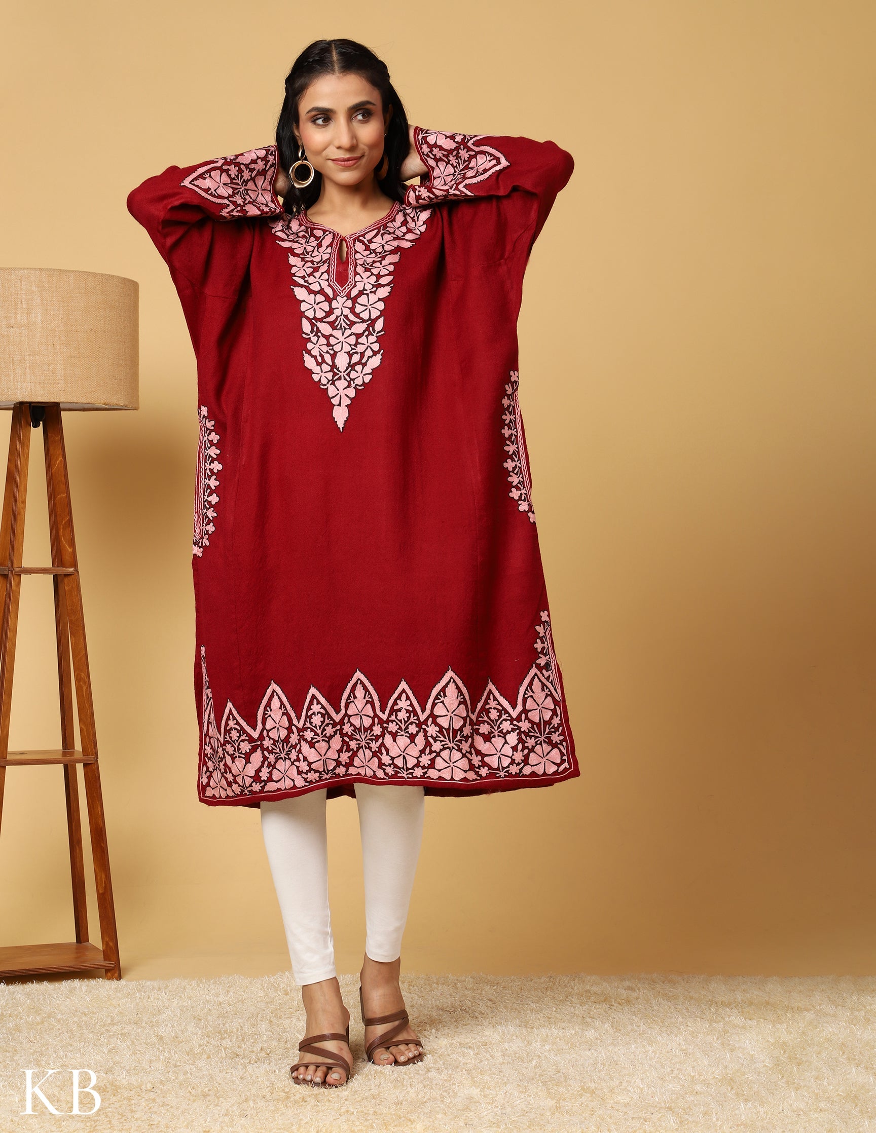 Timeless Maroon Pure Wool Aari Embroidered Phiran - Kashmir Box