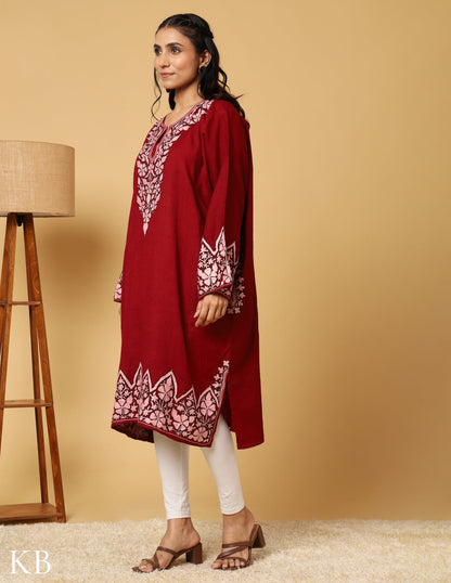 Timeless Maroon Pure Wool Aari Embroidered Phiran - Kashmir Box