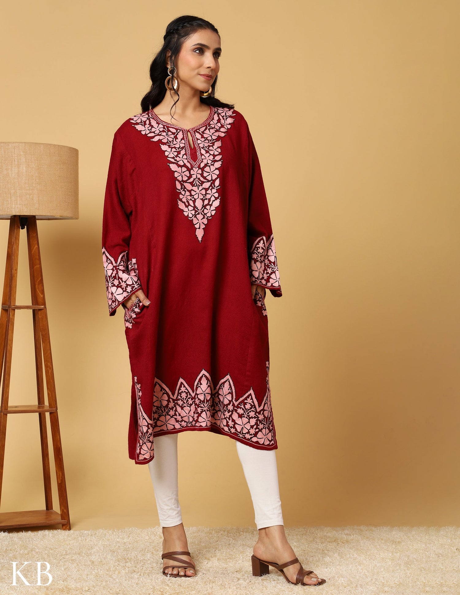 Timeless Maroon Pure Wool Aari Embroidered Phiran - Kashmir Box