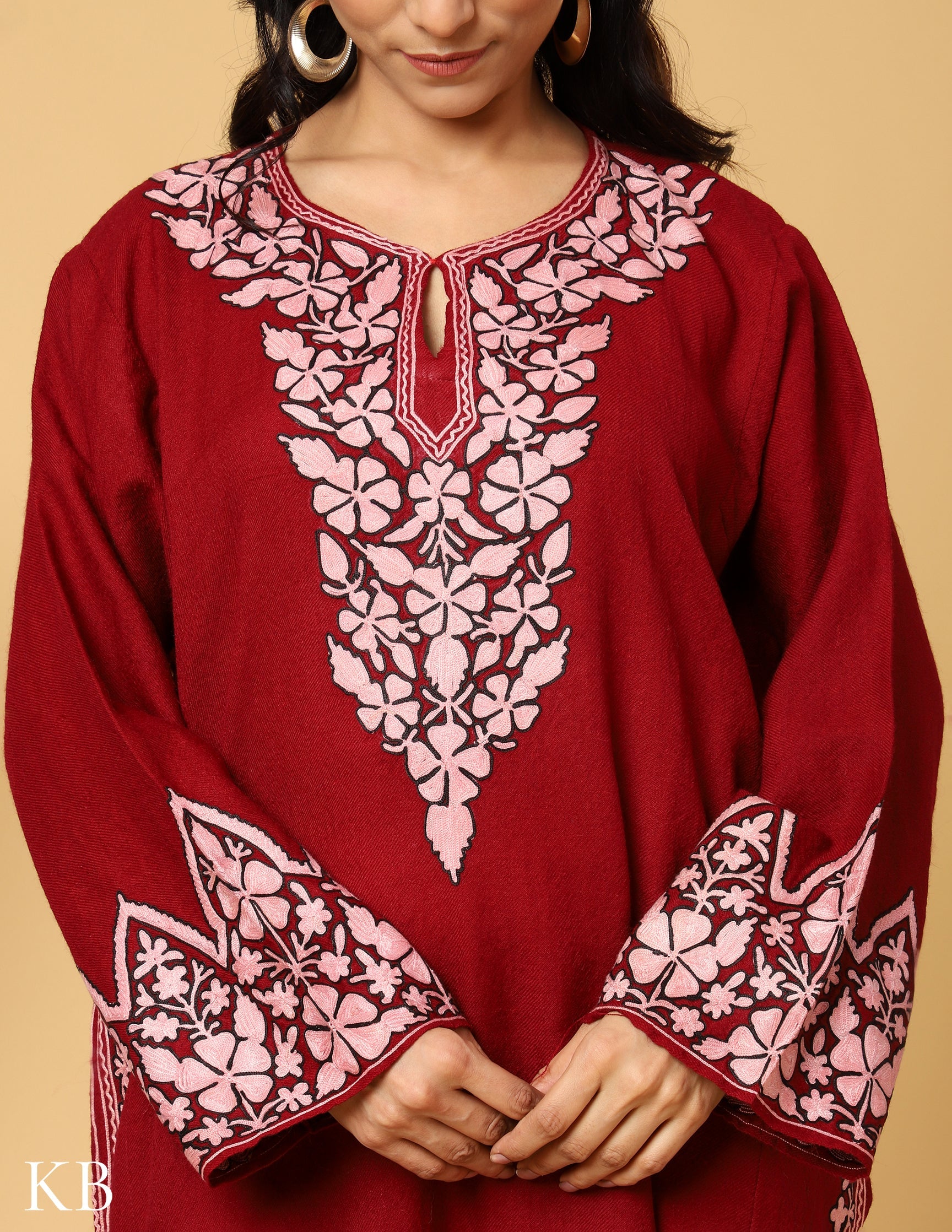 Timeless Maroon Pure Wool Aari Embroidered Phiran - Kashmir Box