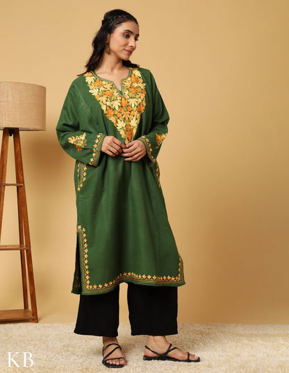 Green Aari Embroidered Fine Cashmilon Phiran - Kashmir Box