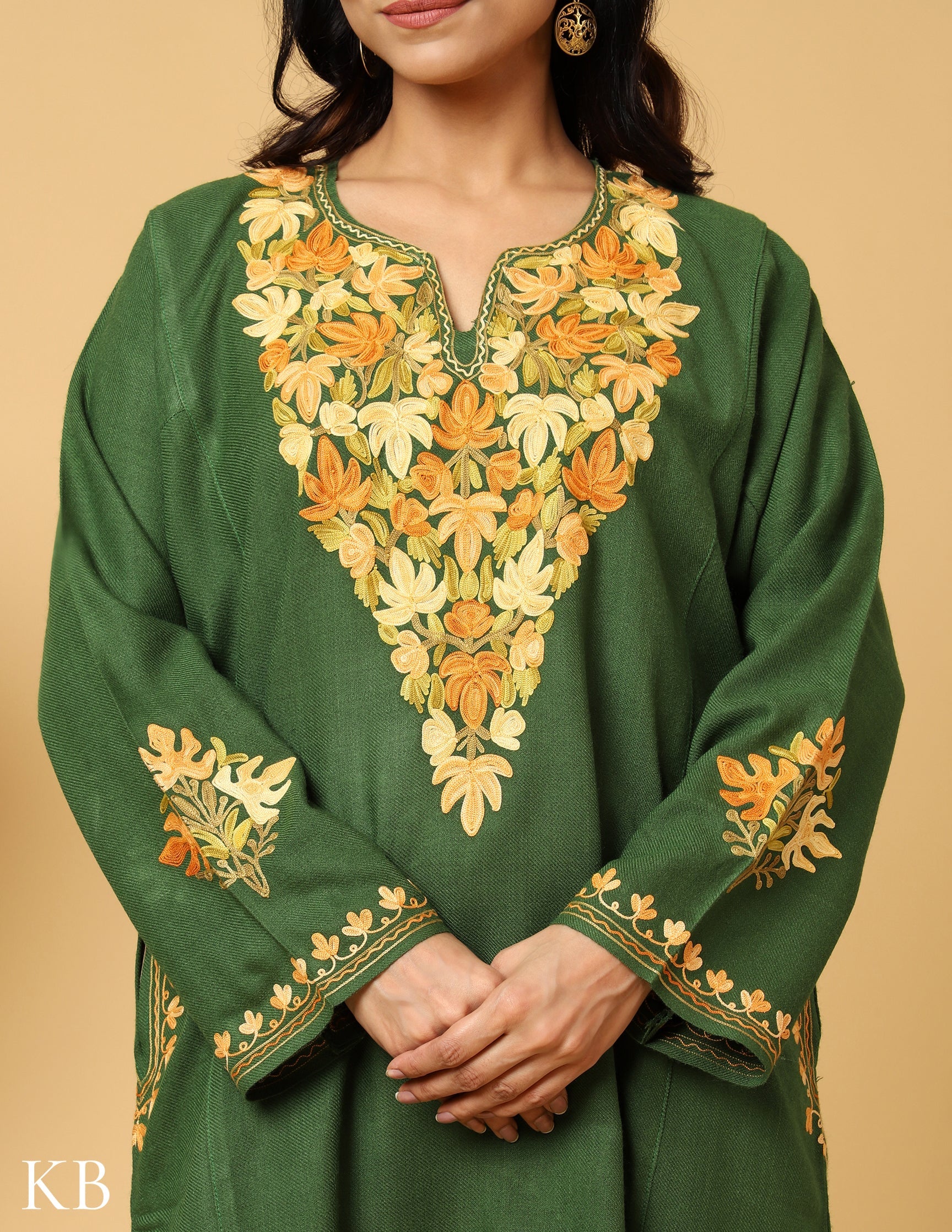 Green Aari Embroidered Fine Cashmilon Phiran - Kashmir Box