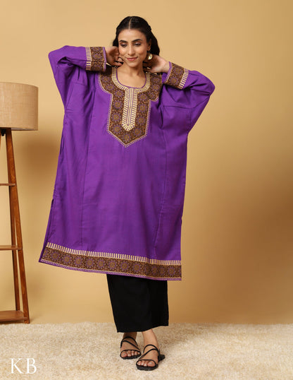 Purple Majestic Zari Sozni Embroidered Pure wool Phiran - Kashmir Box