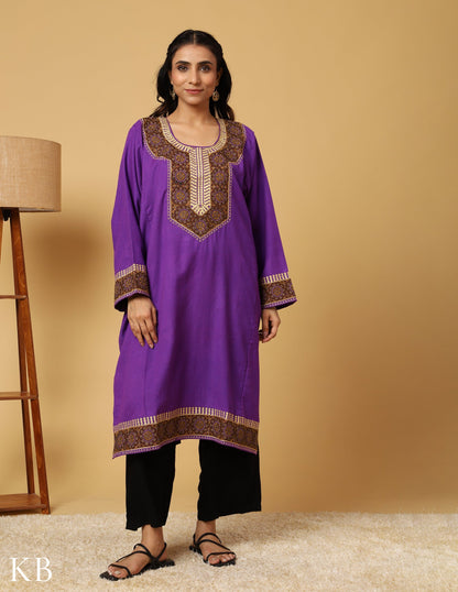 Purple Majestic Zari Sozni Embroidered Pure wool Phiran - Kashmir Box