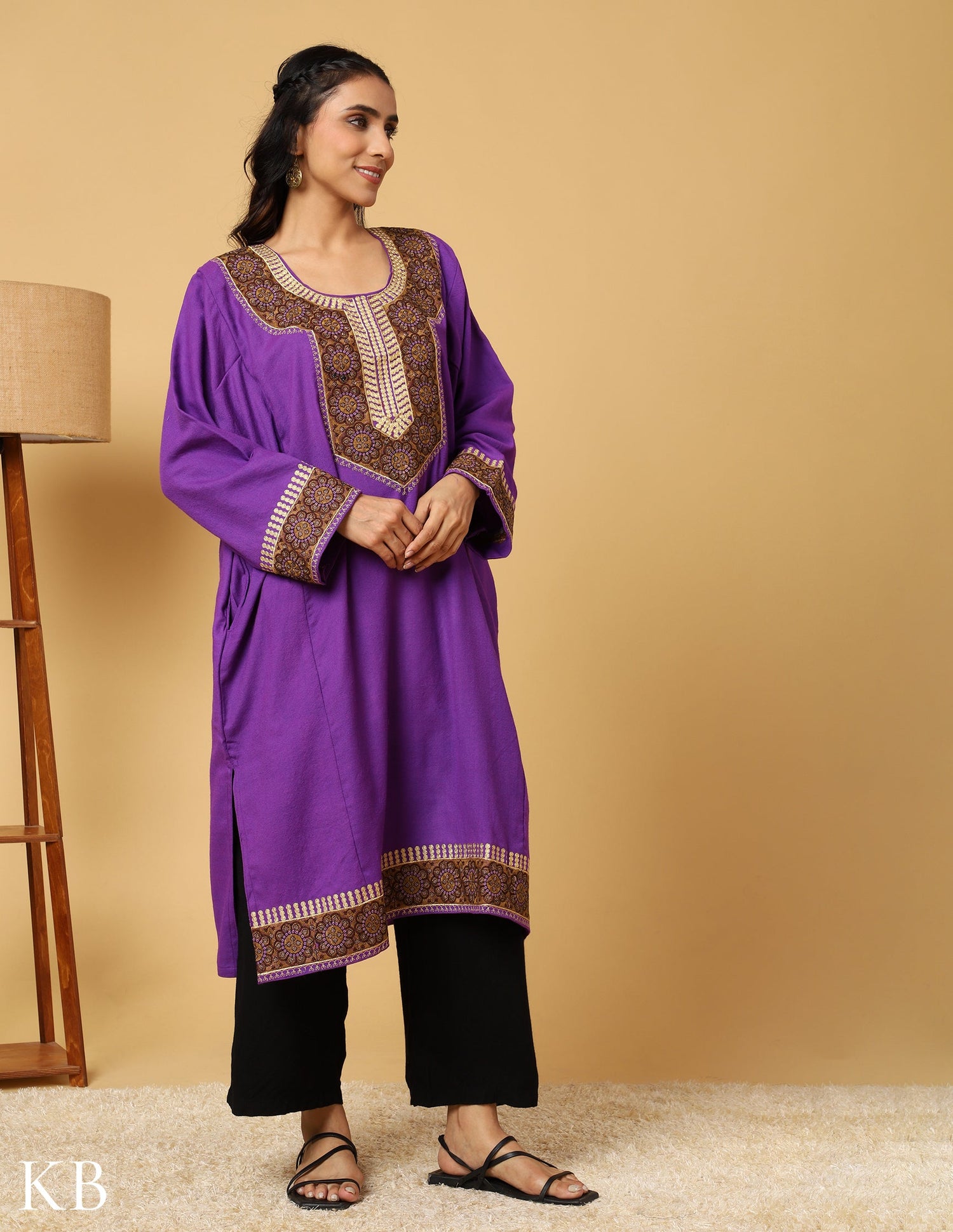 Purple Majestic Zari Sozni Embroidered Pure wool Phiran - Kashmir Box