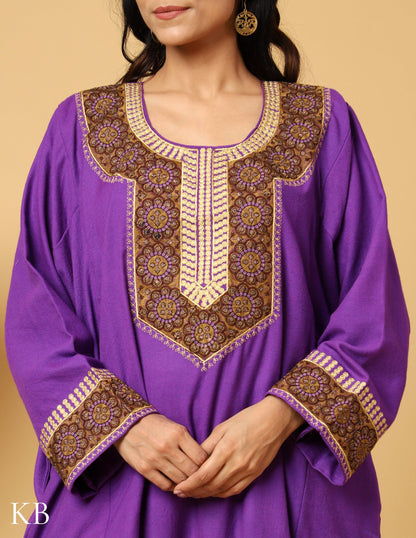 Purple Majestic Zari Sozni Embroidered Pure wool Phiran - Kashmir Box