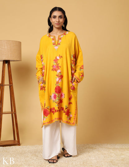 Daffodil Yellow Aari Embroidered Pure wool Phiran - Kashmir Box