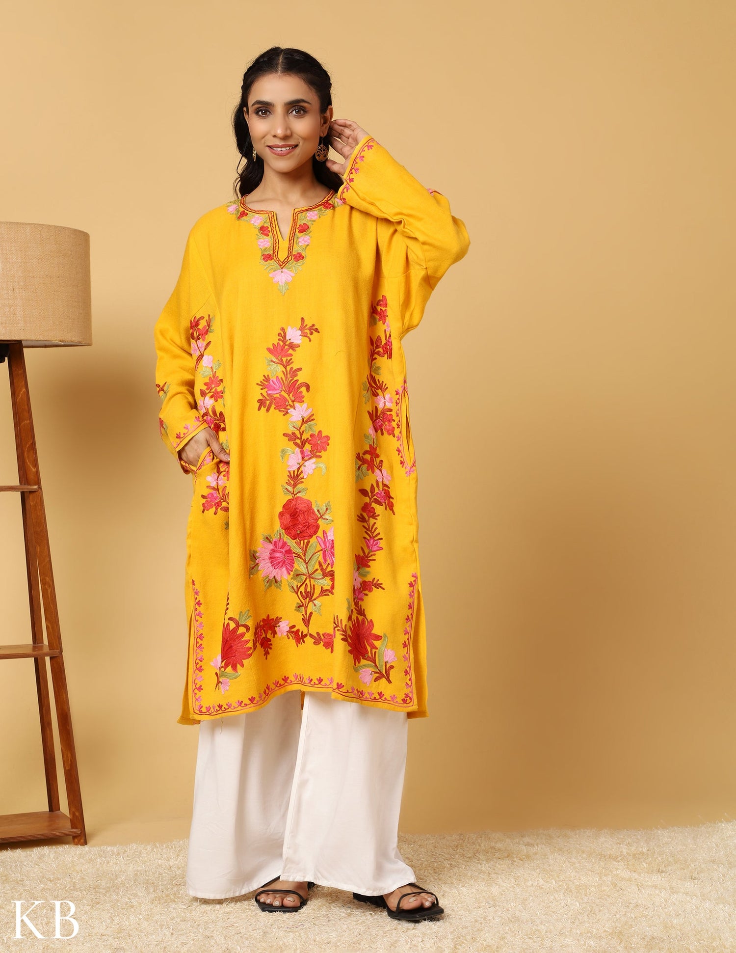 Daffodil Yellow Aari Embroidered Pure wool Phiran - Kashmir Box