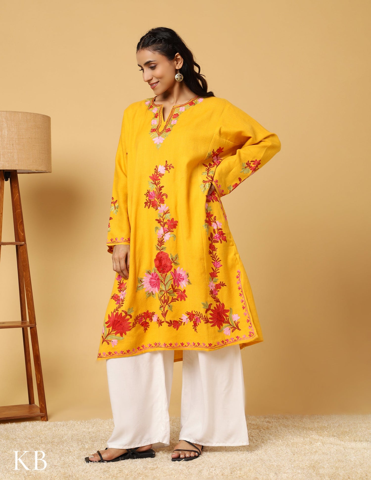 Daffodil Yellow Aari Embroidered Pure wool Phiran - Kashmir Box