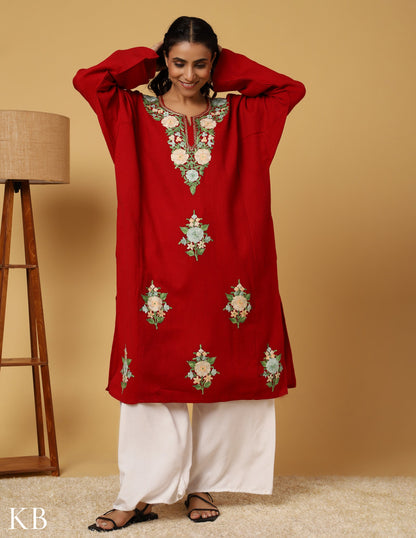 Crimson Pure Wool Aari Embroidered Phiran - Kashmir Box