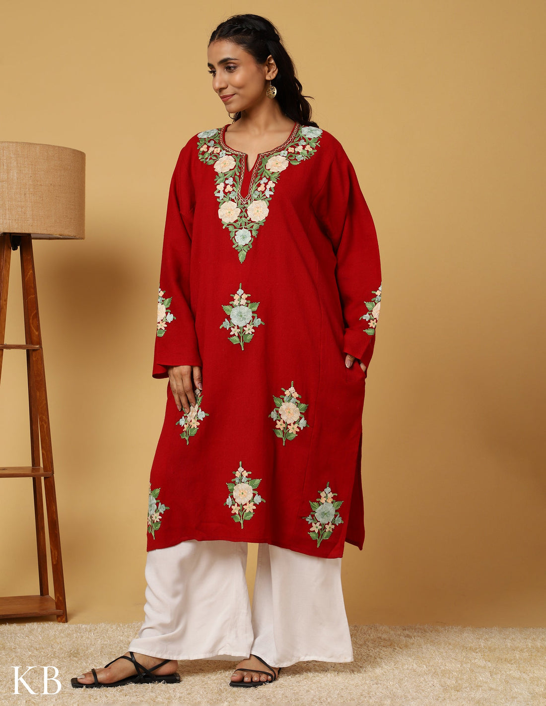 Crimson Pure Wool Aari Embroidered Phiran - Kashmir Box