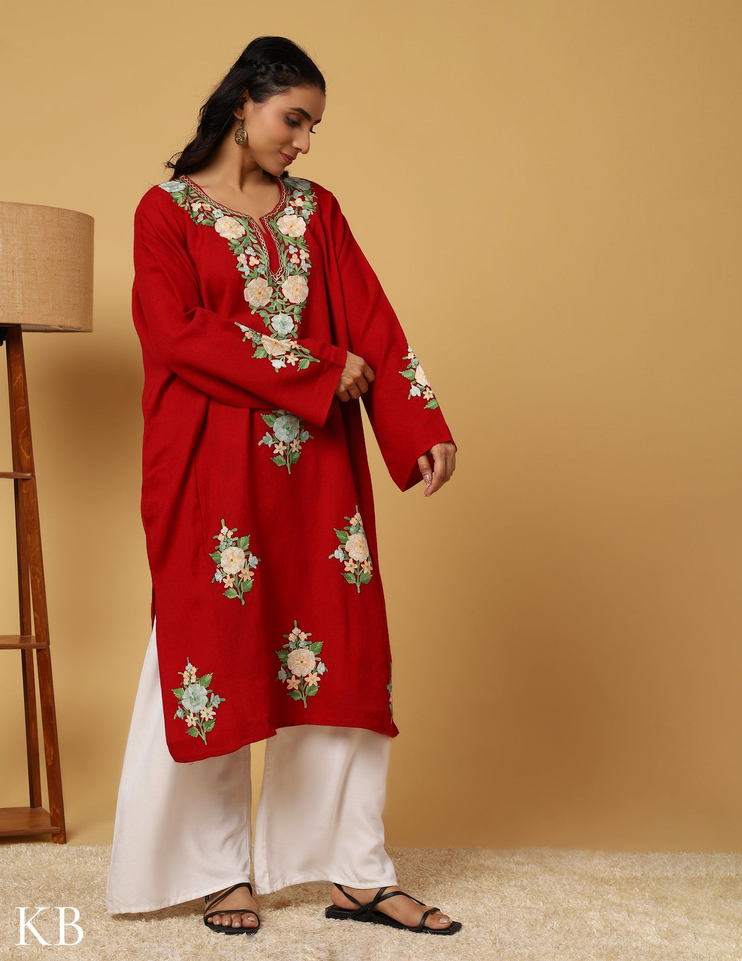 Crimson Pure Wool Aari Embroidered Phiran - Kashmir Box