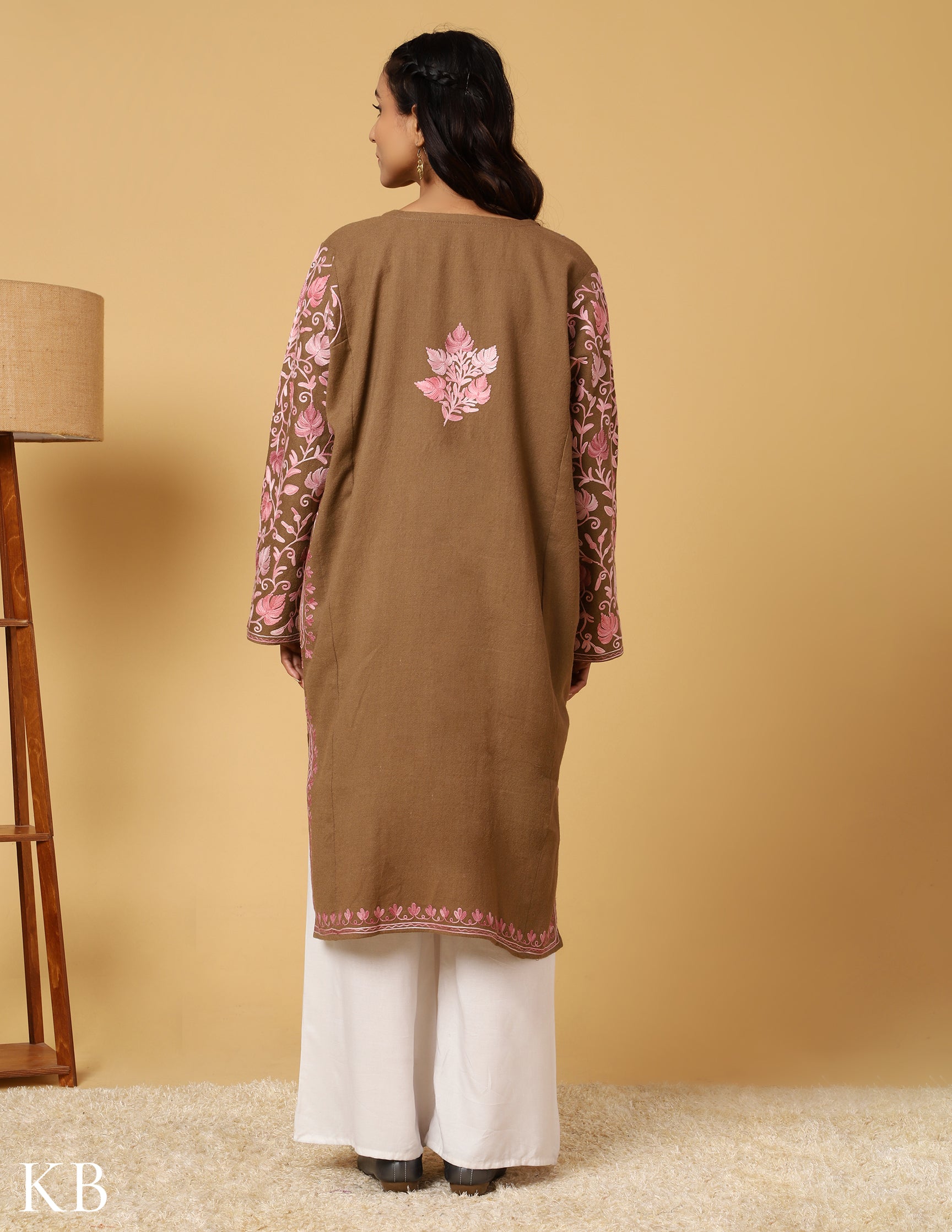 Beige Bliss Aari Embroidered Pure Wool Phiran - Kashmir Box