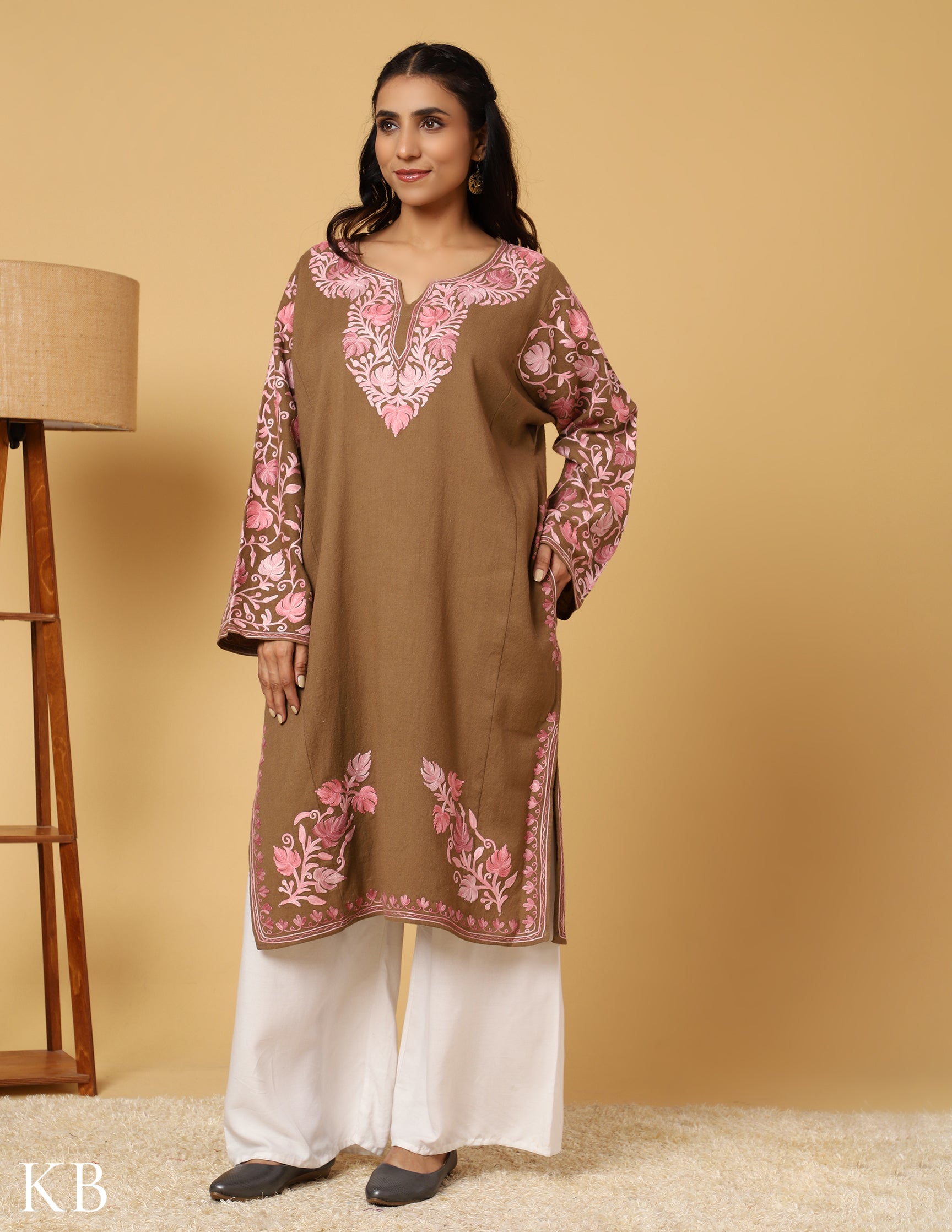 Beige Bliss Aari Embroidered Pure Wool Phiran - Kashmir Box