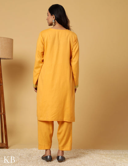 Sunshine Yellow Aari Embroidered Woolen Suit Set - Kashmir Box