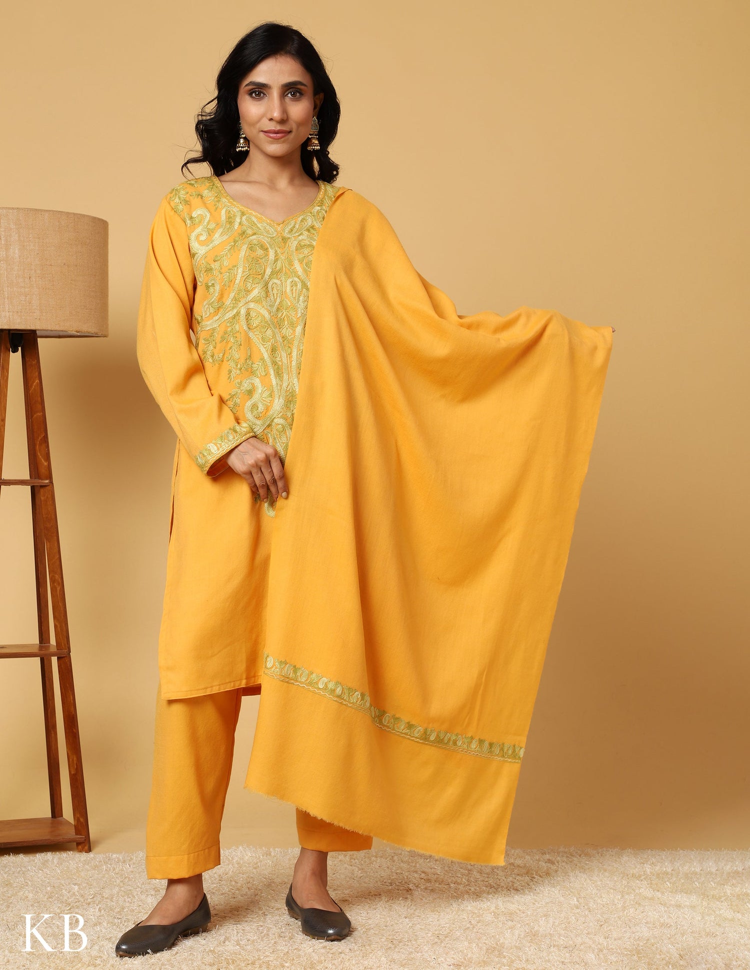 Sunshine Yellow Aari Embroidered Woolen Suit Set - Kashmir Box